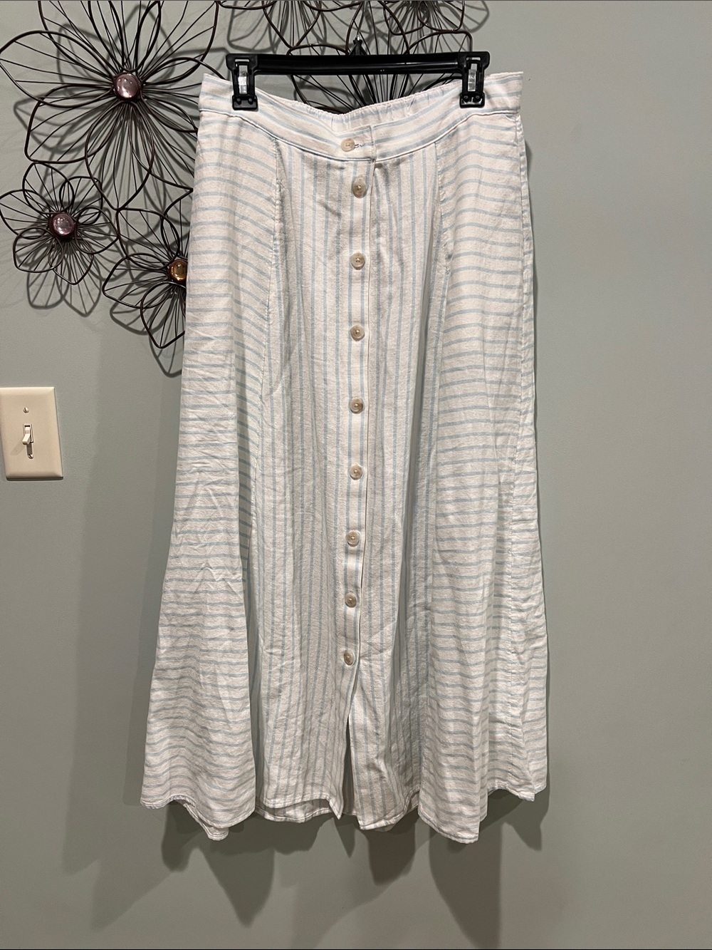 Universal Thread White Maxi Skirt with Light Blue Stripes and Front Buttons